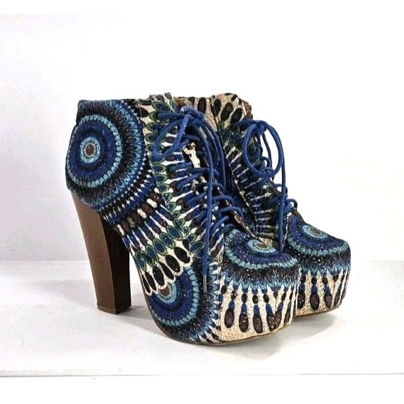 Hersyyle Floral Abstract Tapestry Platform Wood Heel Bootie LaceUp  Blue Tan Sz9 - Picture 1 of 16
